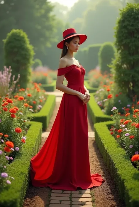 a woman in a red dress and a hat in the middle of a garden 