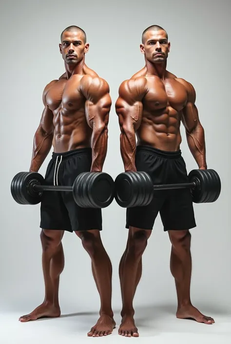 create the image of two twin bodybuilders holding a dumbbell in each hand