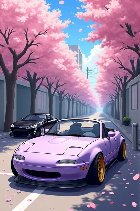  Create a picture in animestyle : 
 A lilac-colored Mazda MX 5 from 1989 with sleeping eye lights and a black Toyota GT86 with the air suspension lowered, golden Vossen rims ,  discreet body kit and a high rear spoiler wing standing in an alley with cherry...