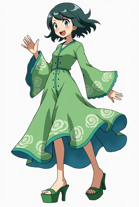 Energize me the image of a Pokémon teacher for my Fakemon region 
Pokemon anime style but with a green nightgown and a moon-colored skirt and platform heels 