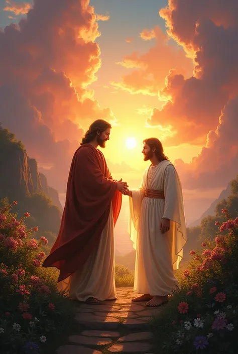 Saint luke (the one who wrote lukes gospel) next to jesus walking with sunset and beautifull flowers and green nature. Light is coming out of jesus