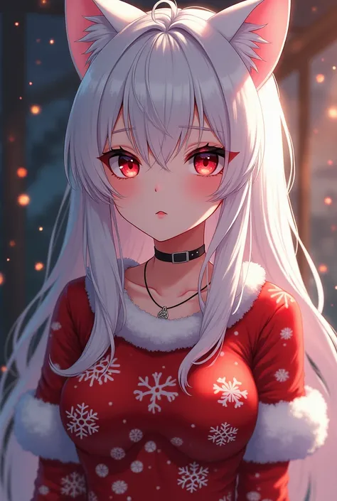 Cat Girl, White Hair, Dark Red Eyes, Christmas Shirt, Anime style, 18 years Old, Big Breasts