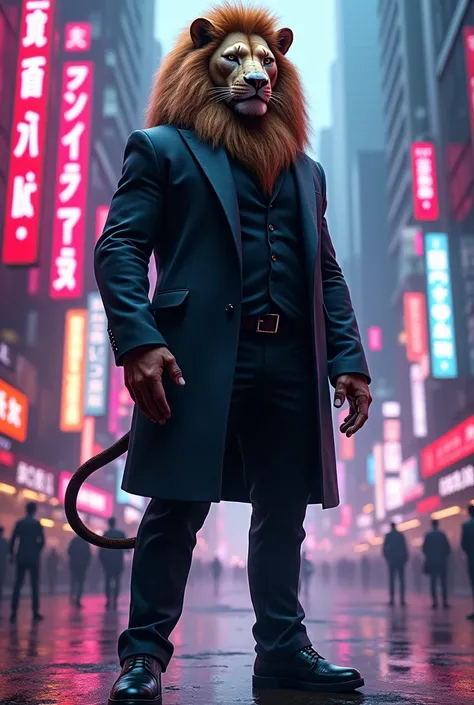 A muscular Lion faced man wearing black suit standing in neon city
