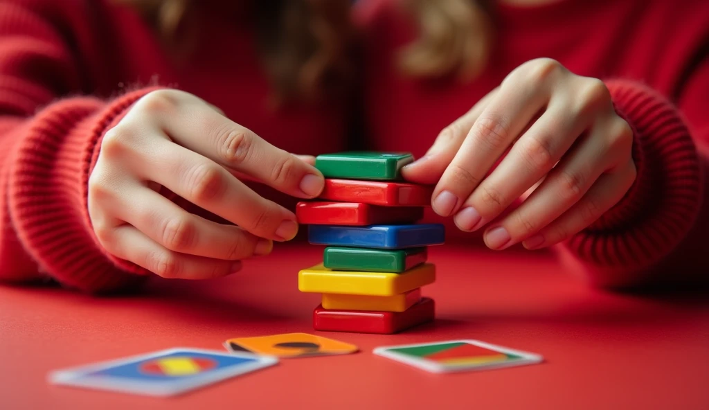 two people hand wearing red sweater playing colorful uno block tower on red table front view