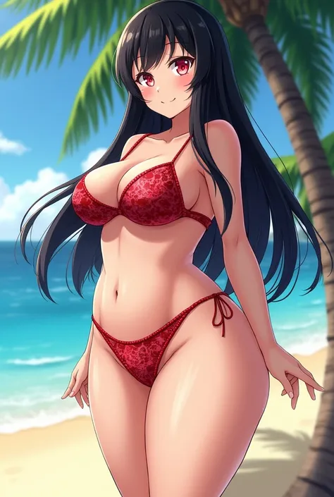 Anime girl stands against the beach in a red two-piece swimsuit with a pattern with long black hair and red eyes. She is a little plump with curvaceous forms and stands in an unusual position near a palm tree