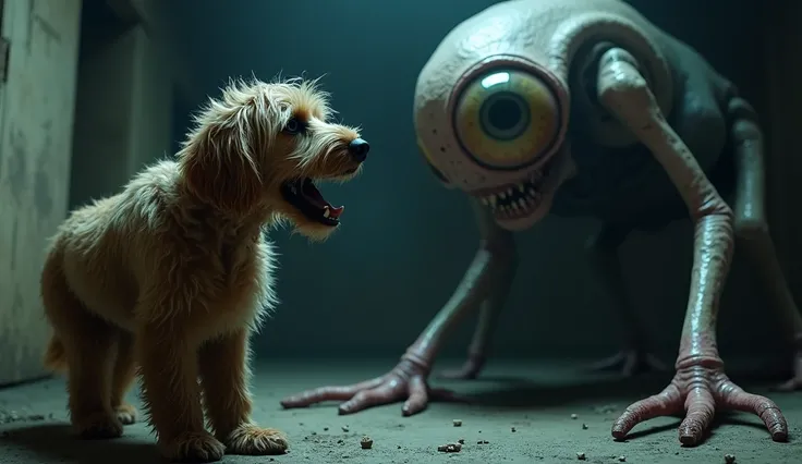 a big old dark brown cockapoo dog, barking, alien creature, large round eye on tentacles, vivid colors, detailed, photorealistic, masterpiece, 8k, hyper detailed, cinematic lighting, dramatic shadows, intricate details, striking composition, horror 