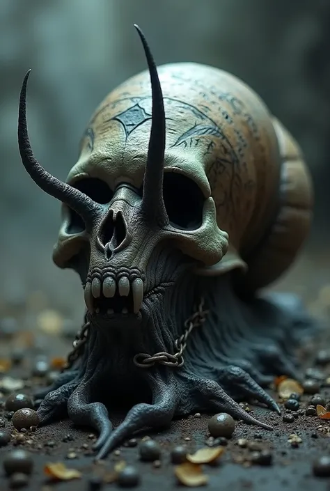 Side view of a satanic snail with a shell that looks like a skull with chains holding it down