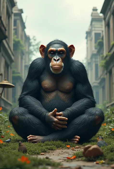 Charismatic meditating chimpanzee Buddha on the planet of the apes. Post apocalyptic, human buildings are hidden by plants in the background.