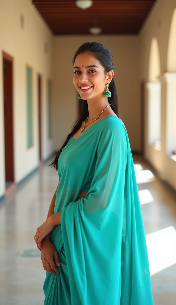 Create a full-body image of a smiling young woman with a warm, fair skin tone, wearing a vibrant turquoise saree in a traditional Indian style. Her hair is neatly tied back, and she accessorizes with green jhumka earrings and a mangalsutra necklace. She ha...