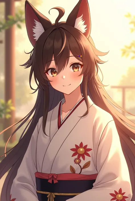 He is a handsome young male character with long, shiny brown hair. He is discreet, neat, easy to smile, kind, good-natured, white-skinned, fox, wearing an anime Japanese yukata costume.