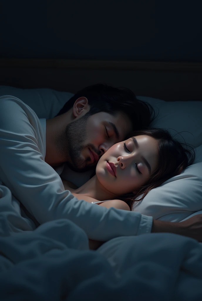 A mother and father sleeping peacefully on a bed in a dark room 