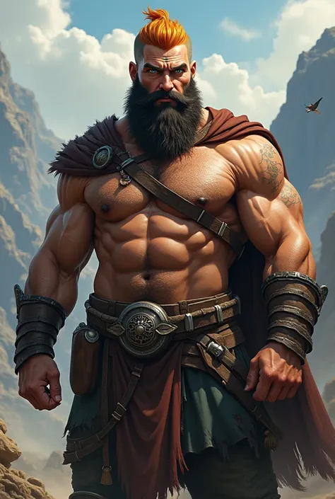 Make a tall jacked dagestan guy
Make his hair orange blonde brown mix and his beard black and brown and he should have beard without mustache and his one eye he has blue eye and other one green eye with eye mark