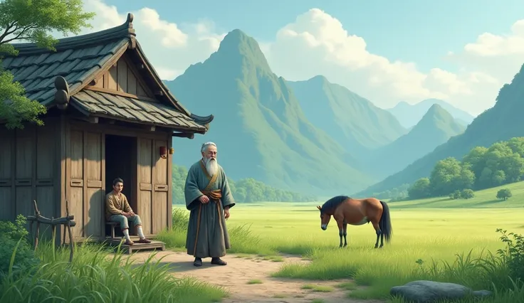 "Create a serene and timeless scene inspired by an ancient Chinese village. Depict a humble farmer standing calmly in front of his small wooden house, surrounded by lush green fields and a mountain backdrop. Include a horse grazing nearby and a young man w...