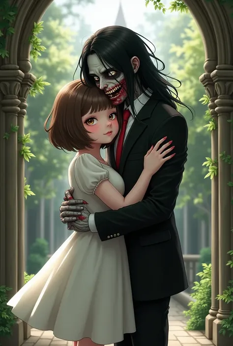  Create an image with the following characteristics : human woman with short brown hair with pale , very chubby,  bangs and in a white dress with sleeves hugging a zombie boy with long black hair emo style with a bloody face and rotten teeth who wears an e...