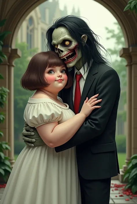  Create an image with the following characteristics : human woman with short brown hair with pale , very chubby,  bangs and in a white dress with sleeves hugging a zombie boy with long black hair emo style with a bloody face and rotten teeth who wears an e...