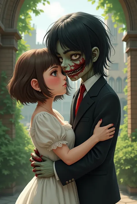  Create an image with the following characteristics : human woman with short brown hair with pale , very chubby,  bangs and in a white dress with sleeves hugging a zombie boy with long black hair emo style with a bloody face and rotten teeth who wears an e...