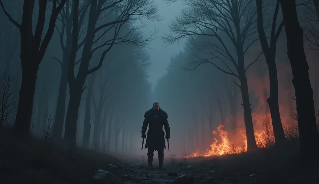 Witcher alone ready for war holding sword in mid night in forest, fire and ash are everywhere