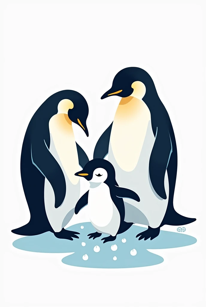 logo 3 penguins, two adults with a babywash n dry a little bit realistic, not much animated. Logo . Realistic, with only with color blue and white. 