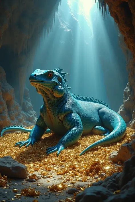 blue big beautiful lizard lying on a whole pile of treasures on the background of a cave photo 8k realism