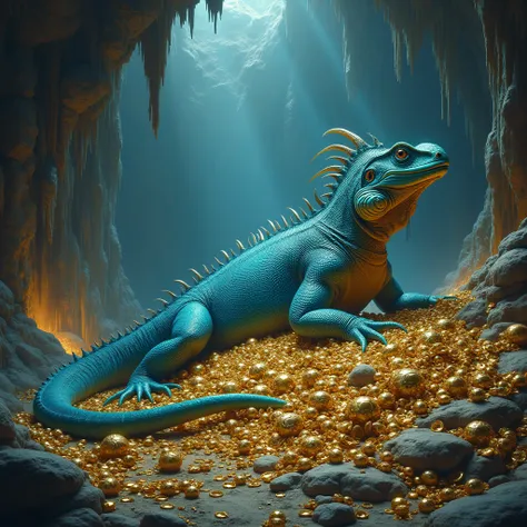 blue big beautiful lizard lying on a whole pile of treasures on the background of a cave photo 8k realism