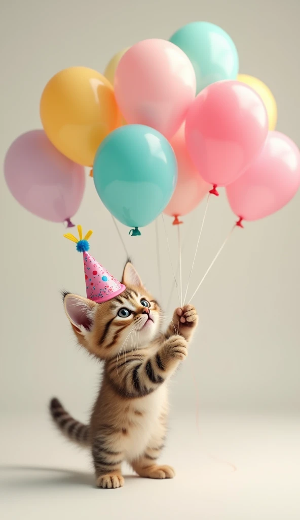 A kitten wearing a small party hat and playing with balloons, 