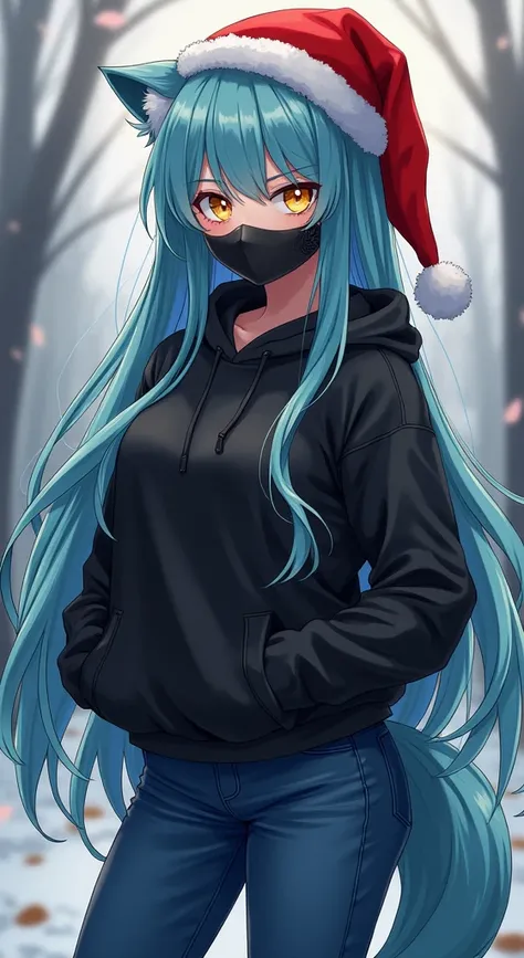 (work of art, Maximum quality, best qualityer, offcial art, beautiful and aesthetic:1.2) Anime Wolf Female, Cyan Hair, Yellow Eyes, Wearing Christmas Hat, Black Mask, Black Sweatshirtand Blue Jeans.