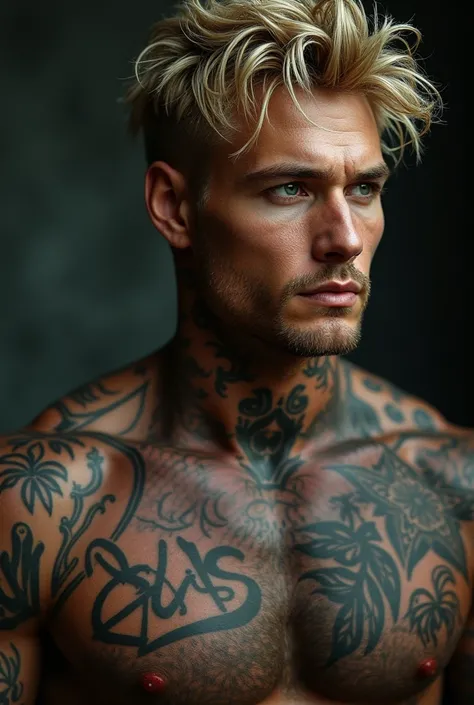 a handsome man, russo, blonde, Blue eyes and full of tattoos