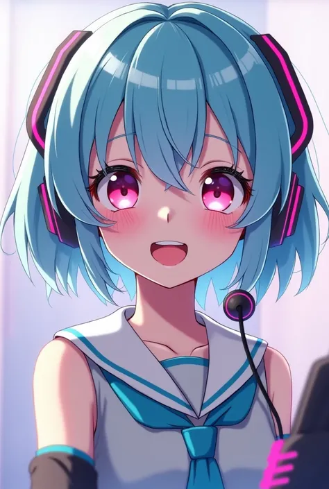  Screenshot of Vocaloid .
 short haired girl , blue color.  Medium-large pink eyes with low tone. of accessories : a microphone, Vocaloid ,  y-themed headphones and lenses  (I mean, fangs).  full body  