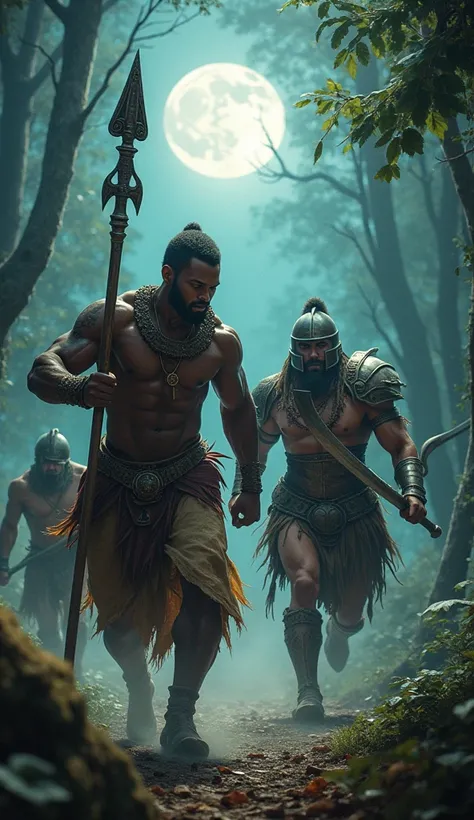 Generate an ultra-realistic image of a black man warrior, a native American and a European warrior man running toward the camera in a forest illuminated by the light of a full moon