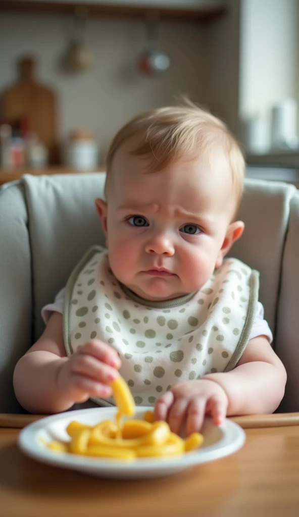 A baby is sitting in his highchair with a plate of food. He is approximately . The baby is wearing a feeding bib. He is very sad. He eats his food with his hands. The scene in the background is of a kitchen. The babys mother is in front beside of the baby,...