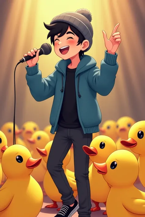  a 23-year-old boy , dark gray beanie ,  black hair up to his neck ,  white skin ,  wears a wide blue sweater ,  black t-shirt and black pants ,  black shoes,  singing with a microphone ,  dynamic pose with an upward perspective .  is a singer who sings sm...