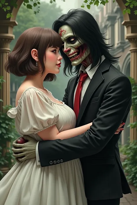  Create an image with the following characteristics : human woman with short brown hair with pale , very chubby,  bangs and in a white dress with sleeves hugging a zombie boy with long black hair emo style with a bloody face and rotten teeth who wears an e...