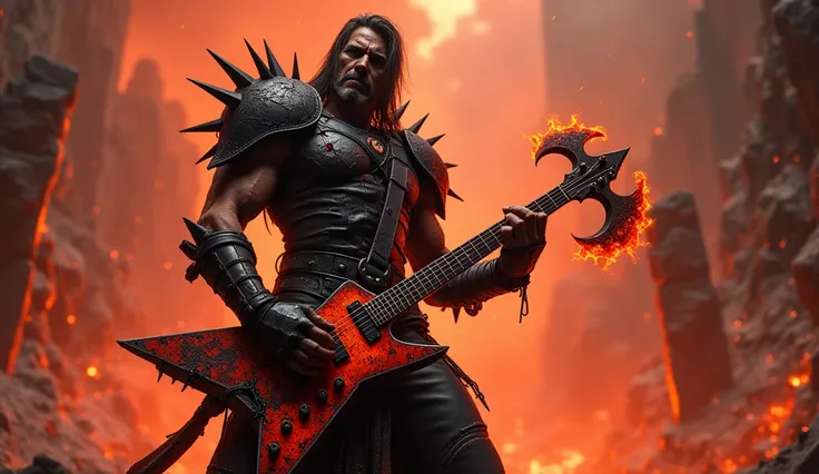 A fierce guitarist stands on a crumbling bridge over a glowing chasm, his flaming axe-shaped guitar gripped tightly in both hands. His spiked black armor, cracked and glowing with fiery orange veins, contrasts sharply with the blood-red sky behind him. His...