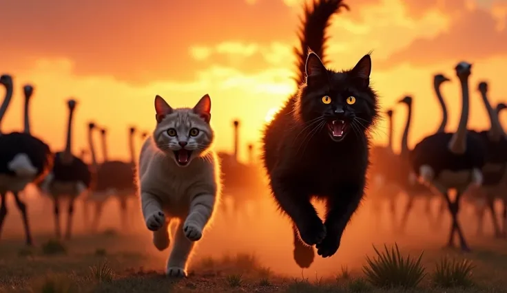 full front view of a very scared  black Tabby long hair and dark brown Maine Coon cat with turquoise eyes open wide!! riding on a dark brown curly hair Labradoodle /cockapoo dog escaping from a horde of ostrich running towards them infury at sunset, cinema...