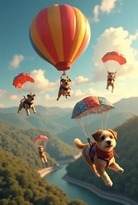 Here’s an updated prompt:

"A group of adventurous dogs in a colorful hot air balloon, preparing to skydive. Each dog has a parachute strapped to its back, with the parachutes designed in bright, playful patterns. The dogs, of various breeds, look excited ...