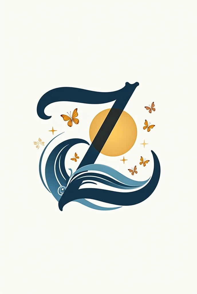  Create a nominative logo for the bikini brand Zenite the handwritten font, emphasizing Z .  The design must be different and iconic ,  integrating a stylized sun and sea and butterflies in a harmonious way.  The shapes must be modern and fluid ,  conveyin...