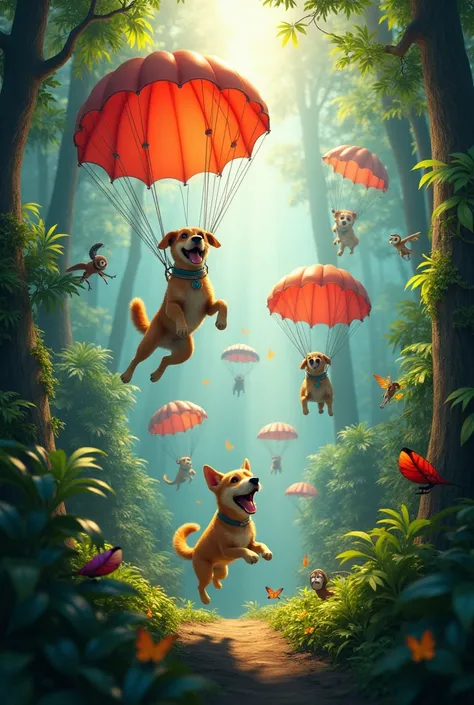 Here’s the updated prompt:

"A group of dogs landing in a vast and vibrant jungle after parachuting from a colorful hot air balloon. The jungle is lush and dense, with towering trees, cascading vines, and exotic plants. The dogs, of various breeds, have th...