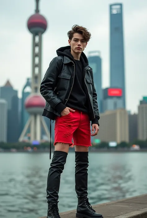  boy wears a red denim shorts cut and black leather thigh high boot, in the Bund, opposite to Lujiazui, Shanghai