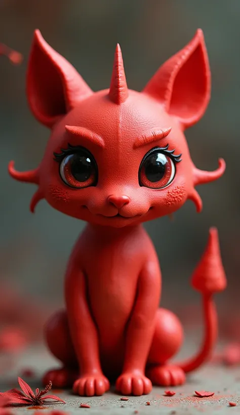 Easy Clay Art, Сute fantastic creature. red color, has a conical body, a round head with big circular eyes, and cat-like ears. red like as diablo