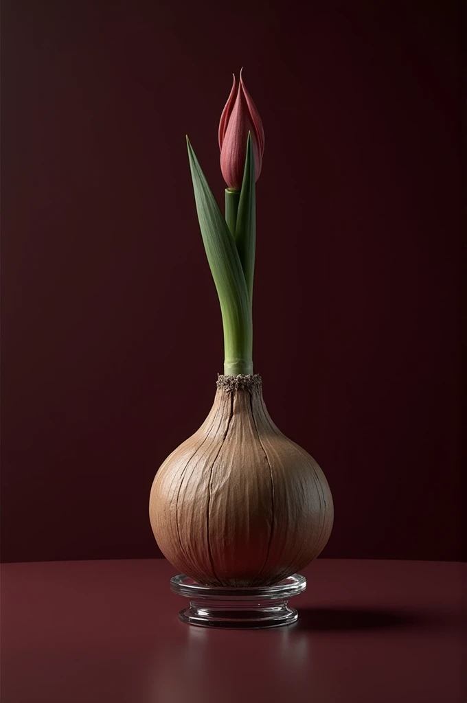 On a dark wine background in a small glass stand, an amarylis bulb with an iron sprout and an unopened Bud 