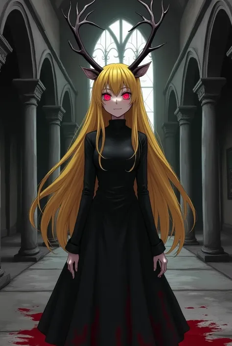  Tall woman with yellow hair and red eyes with a dark smile ,  with deer horns wearing black clothes ,  anime style/manga , with blood-stained clothes ,  in the middle of an abandoned church at night 

Let the image be black and white style 