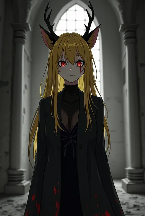  Tall woman with yellow hair and red eyes with a dark smile ,  with deer horns wearing black clothes ,  anime style/manga , with blood-stained clothes ,  in the middle of an abandoned church at night 

Let the image be black and white style 