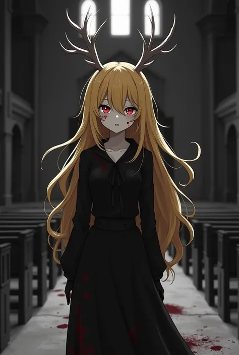  Tall woman with yellow hair and red eyes with a dark smile ,  with deer horns wearing black clothes ,  anime style/manga , with blood-stained clothes ,  in the middle of an abandoned church at night 

Let the image be black and white style 