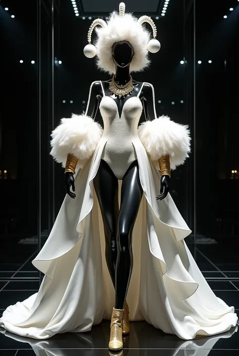  On the black glass floor and black background .  black mannequin .  Make a dress with white taffeta with loose sleeves large puffy with a cuff the size of a bicycle wheel.  Make a white wig with a hairstyle of two braids working from a bicycle wheel .  Ma...