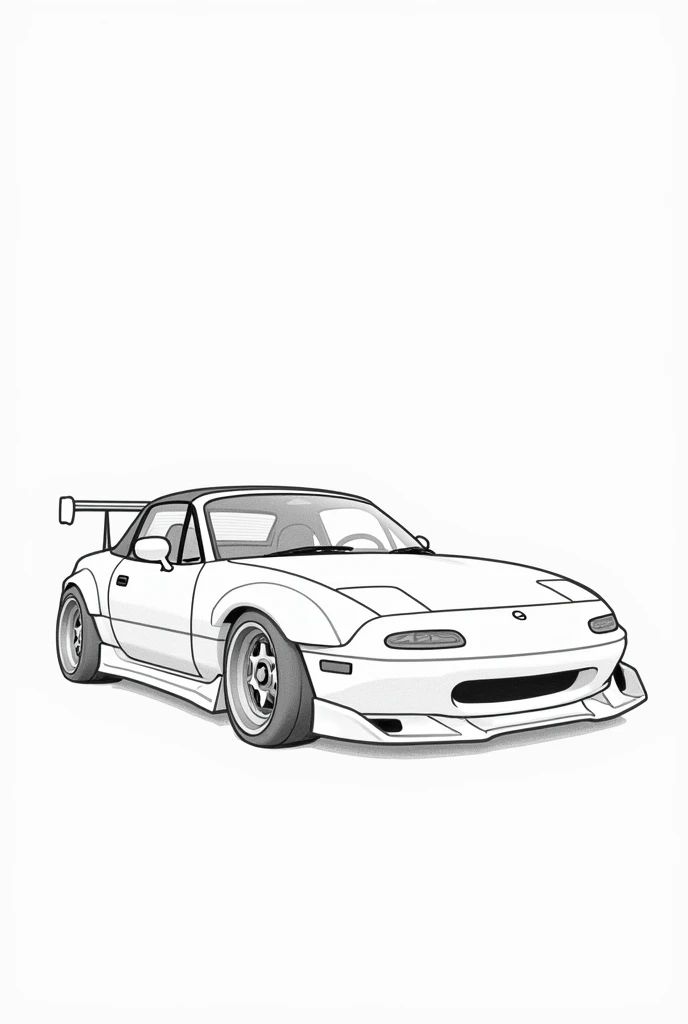 Make a black and white drawing for a sweater:
A Mazda MX5 from 1989 with folding headlights folded up, high rear spoiler wing and discreet body kit . 