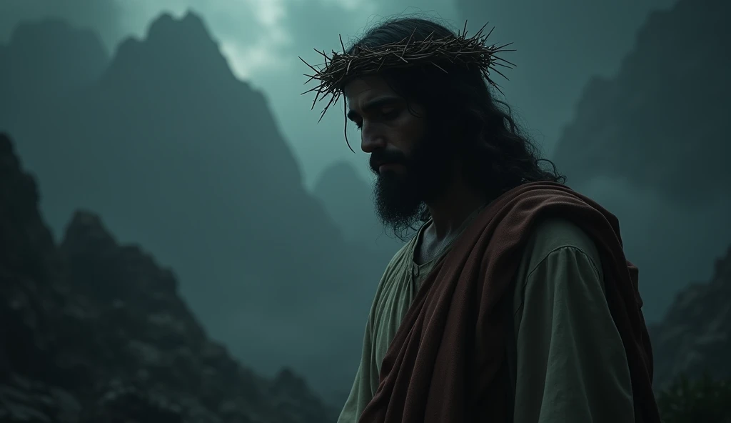 8k image of jesus christ in dark environments with crown on his head