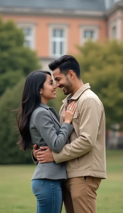 young couple standing in the park. The woman on the left side of the image is wearing a gray blazer and blue jeans. She has long black hair and is smiling at the camera. The man on the right is wearing a beige jacket and khaki pants. He has short black hai...