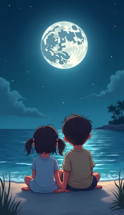 A cute cartoon young boy, sitting with a girl, waching moon ,beach, night time, picture taken from back,Romanticism, Luminism, 