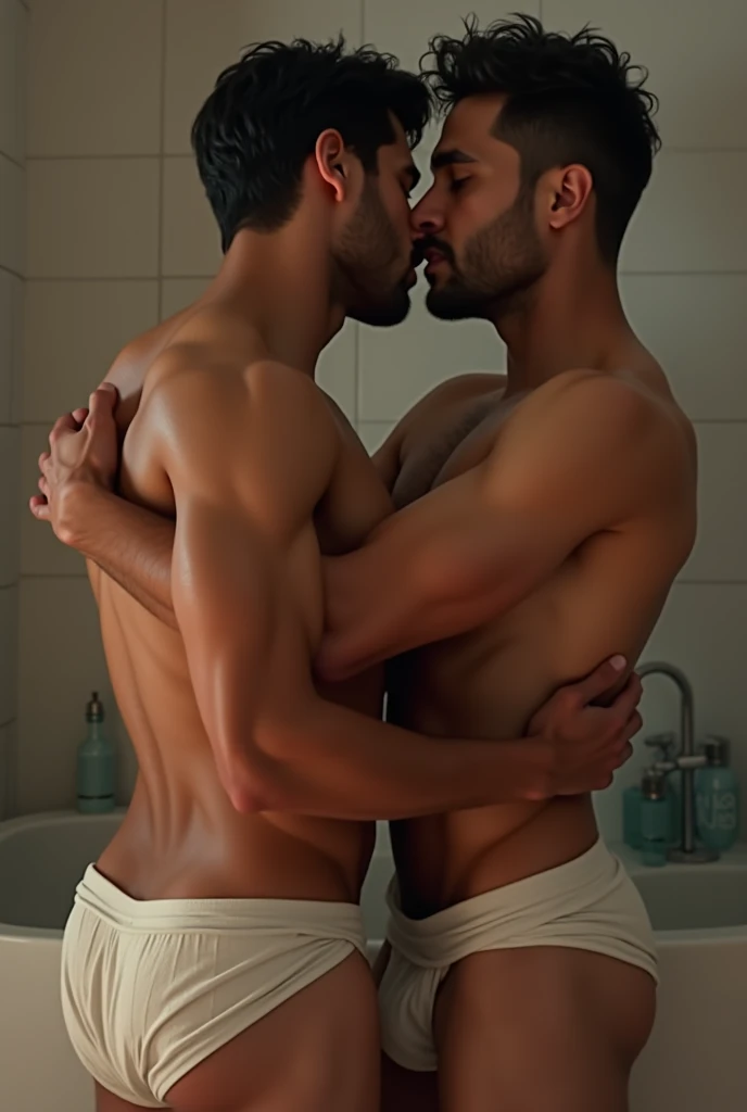 An athletic young Latino man coming out of the bath with a small towel that covers him at the height of his pelvis and that becomes a little transparent, You can see his obliques worked and a little hair on his lower part kissing a man similar to the chara...