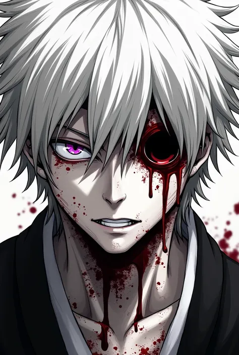 An anime character with white hair and purple eyes with blood smeared face and the left eye is missing drawn with bleach and jujutsu Kaisen art style and you only see the face male and in manga style the left eye must be missing and it must be black and wh...